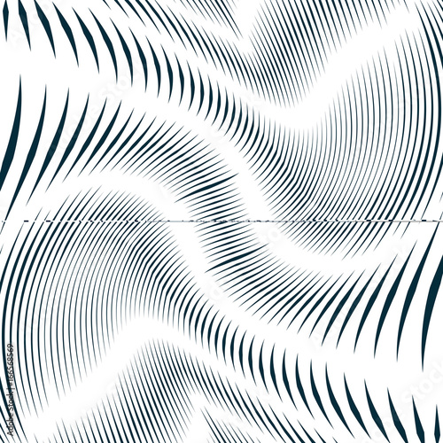 Moire style, vector optical pattern, motion effect tile. Decorative lined hypnotic contrast background.