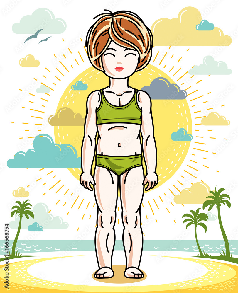 Cute little red-haired girl standing  on tropical beach with palms. Vector human illustration wearing colorful bathing suit.