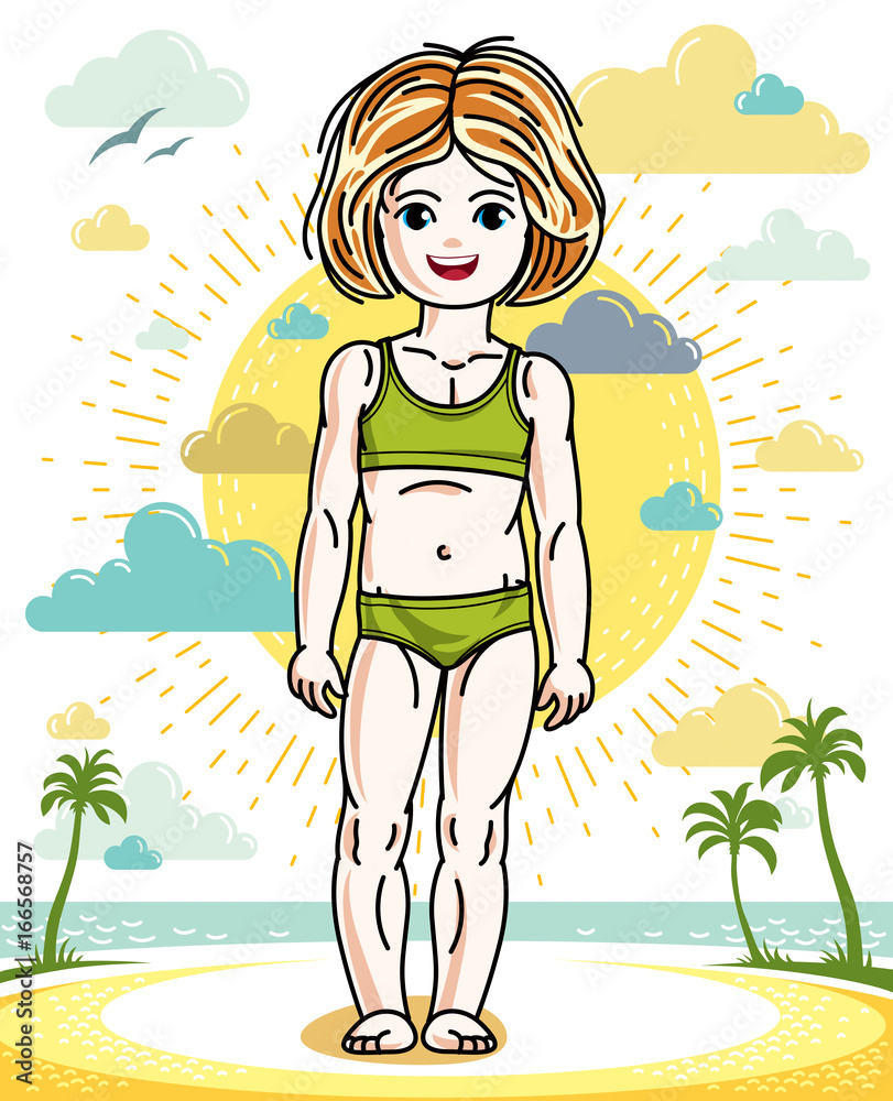 Cute little red-haired girl standing  on tropical beach with palms. Vector human illustration wearing colorful bathing suit.