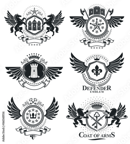 Heraldic Coat of Arms, vintage vector emblems. Classy high quality symbolic illustrations collection, vector set.