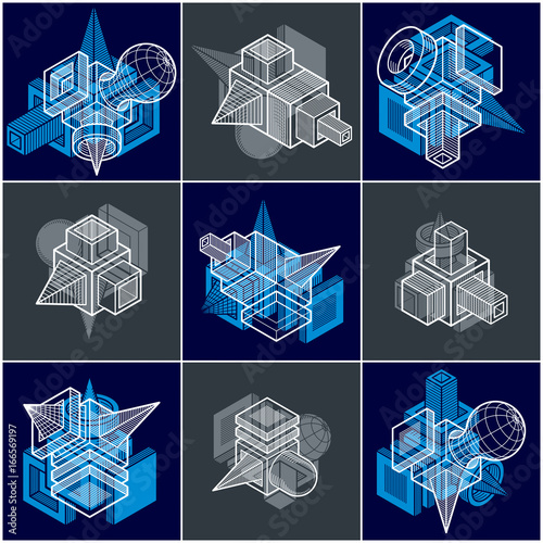 Different engineering constructions collection, abstract vectors set.