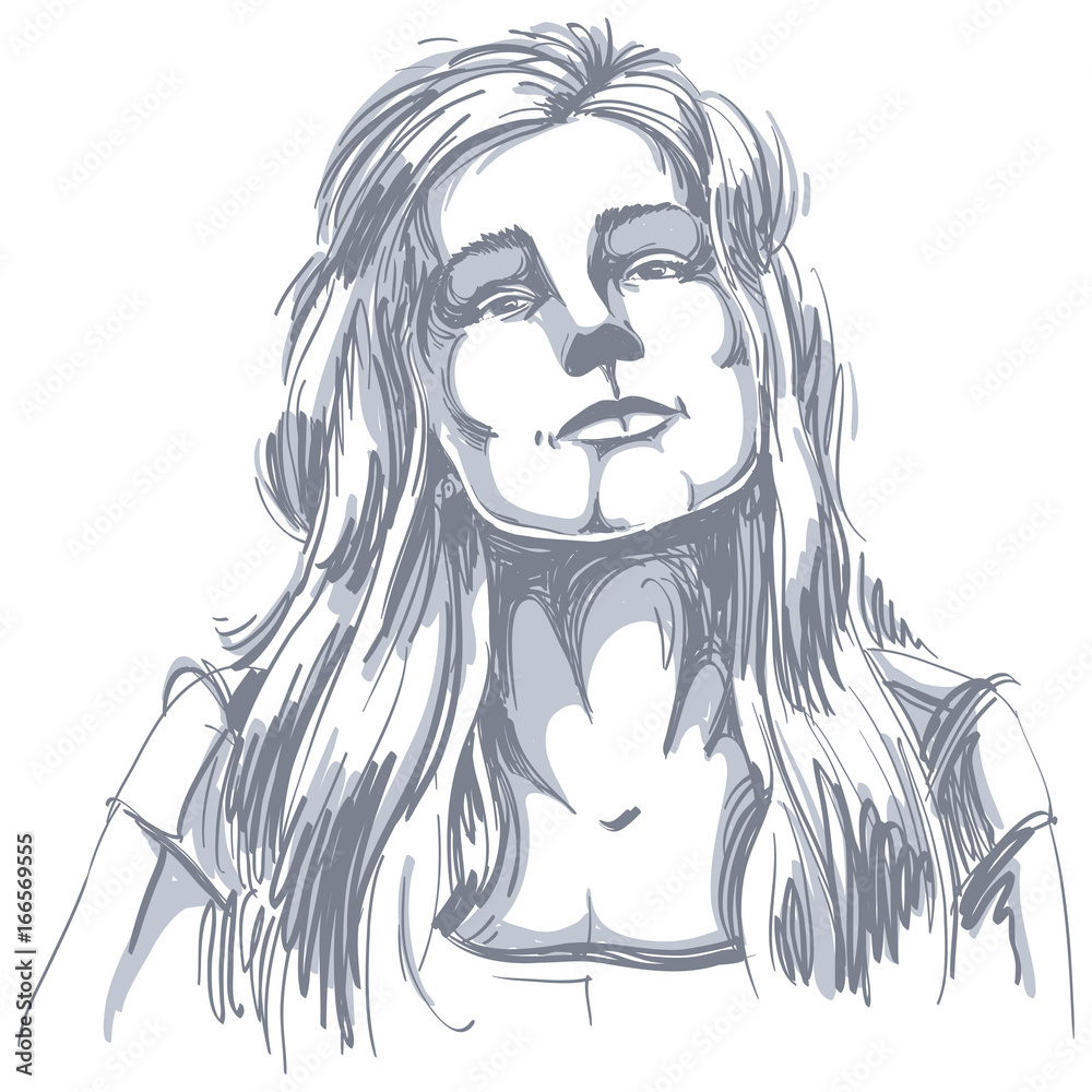 Hand-drawn portrait of white-skin flirting woman, face emotions theme illustration. Beautiful sexy lady posing on white background. Hand-drawn portrait of white-skin flirting woman, face emotions theme illustration. Beautiful sexy lady posing on white background.