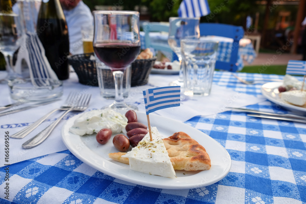 Traditional Greek Appetiser with Olives, Tzatziki, cheese and bread Traditional Greek Appetiser with Olives, Tzatziki, cheese and bread