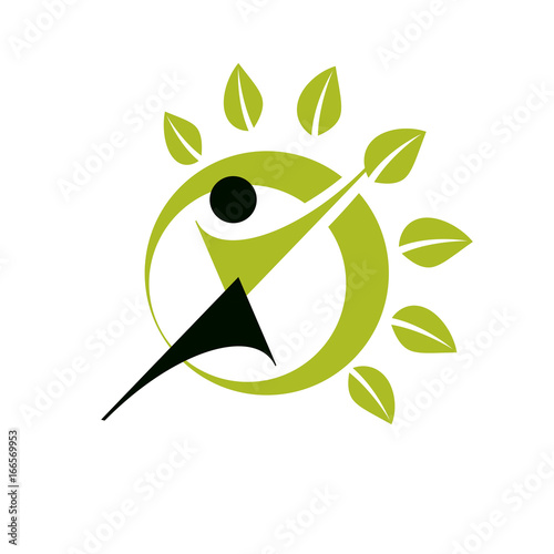 Vector illustration of excited abstract person with raised hands up. Go green idea creative logo. Wanderlust and countryside vacation idea symbol.