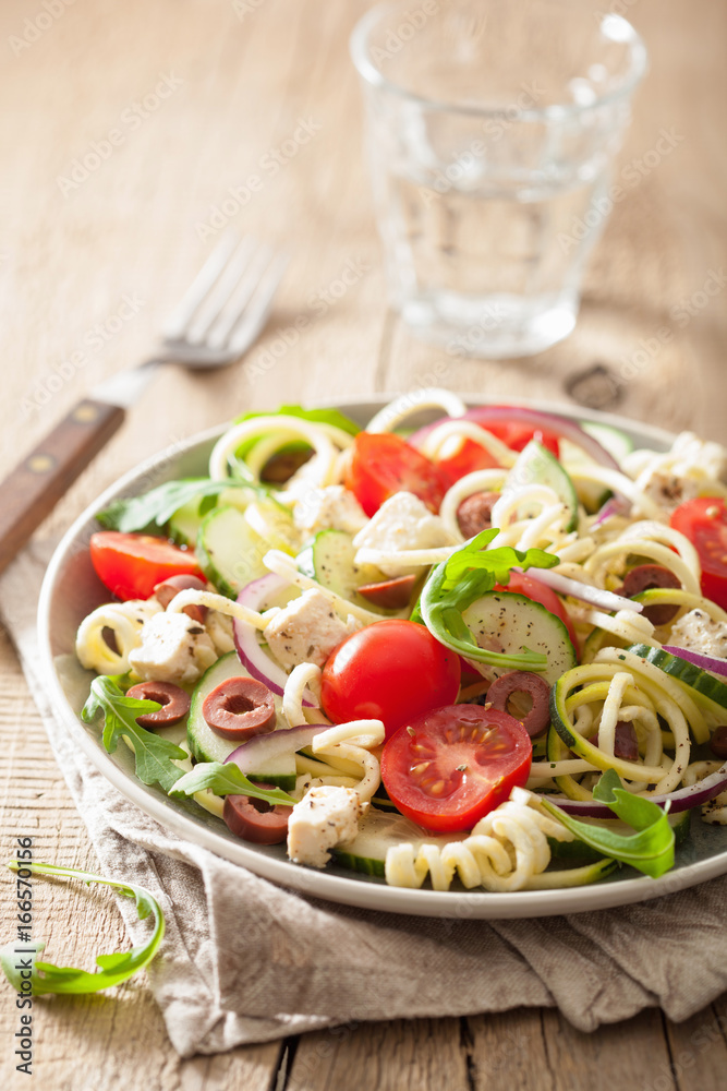 spiralized courgette salad greek style with tomato feta olives cucumber