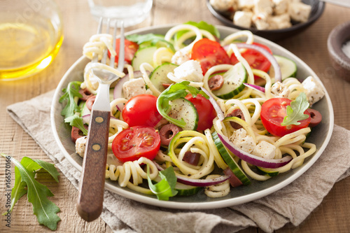 spiralized courgette salad greek style with tomato feta olives cucumber