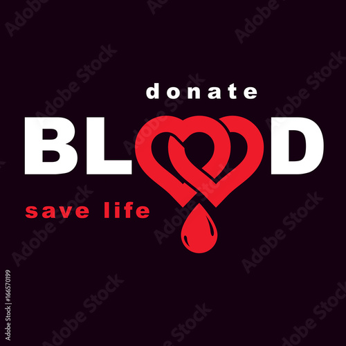 Volunteer donorship, healthcare and medical treatment conceptual logo composed with red heart shape and blood drops.