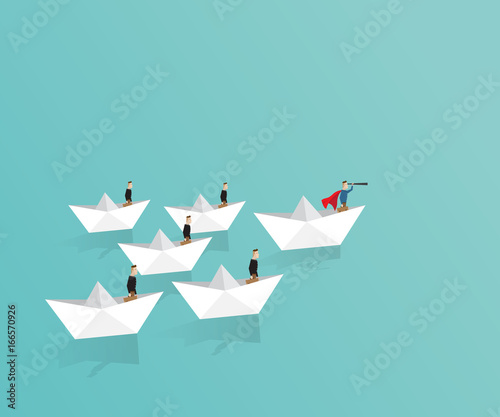 business leadership concept, businessman with telescope on paper boat