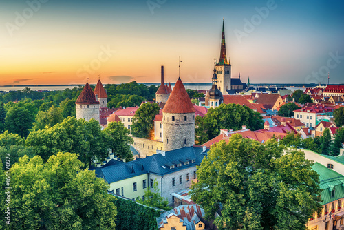 Tallinn, Estonia: aerial top view of the old town at sunset 
