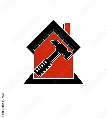 Classic mallet vector icon, industrial utensil. Simple house with work tools, workshop. Home reconstruction idea, for use in web and graphic design.