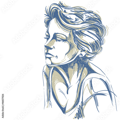 Hand-drawn portrait of white-skin sad woman, face emotions theme illustration. Beautiful sorrowful lady posing on white background.