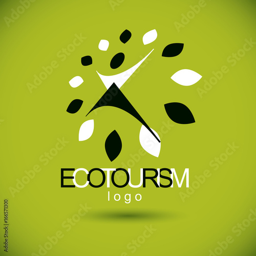 Vector illustration of excited abstract person with raised hands up. Ecotourism conceptual logo. Wellness and harmony symbolic symbol.