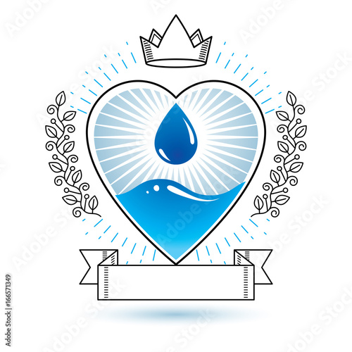 Vector blue clear water drop logotype for use as marketing design symbol. Human and nature coexistence concept.