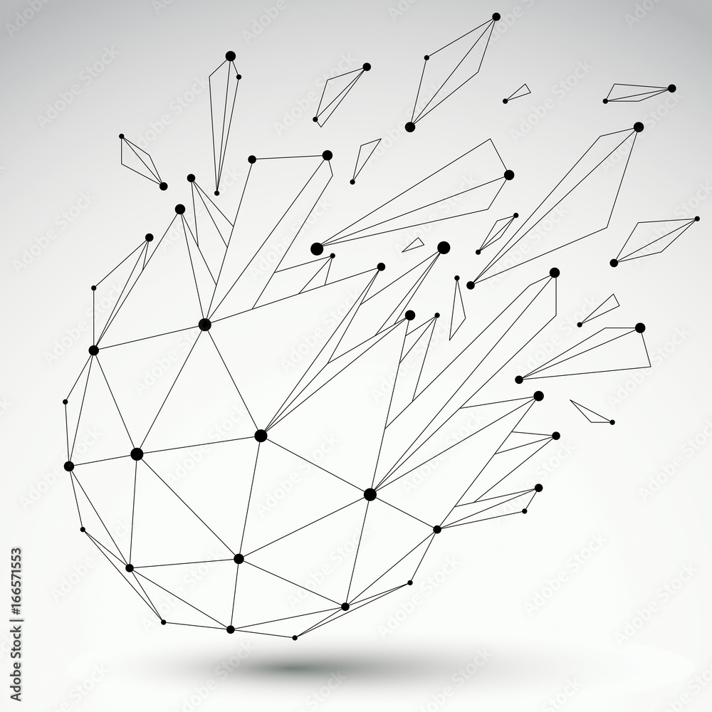 Perspective technology demolished contrast shape with black lines and dots connected, polygonal wireframe object. Explosion effect, abstract faceted element cracked into multiple fragments. Perspective technology demolished contrast shape with black lines and dots connected, polygonal wireframe object. Explosion effect, abstract faceted element cracked into multiple fragments.