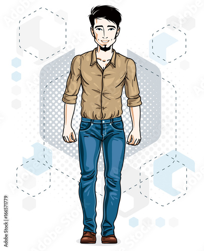 Confident handsome brunet young man standing. Vector illustration of male with beard wearing casual clothes, jeans pants and cotton shirt.
