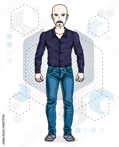 Confident handsome hairless young man standing. Vector illustration of male with beard and whiskers wearing casual clothes, jeans pants.