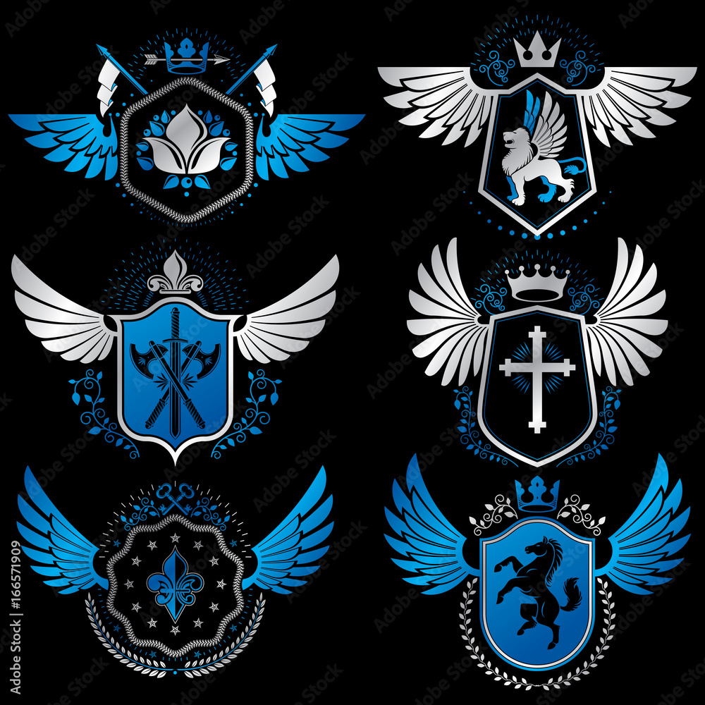 Fototapeta premium Vintage heraldry design templates, vector emblems created with bird wings, crowns, stars, armory and animal illustrations. Collection of vintage style symbols.
