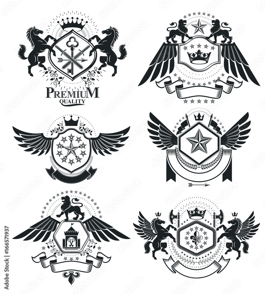 Heraldic signs, elements, heraldry emblems, insignias, signs, vectors. Classy high quality symbolic illustrations collection, vector set.