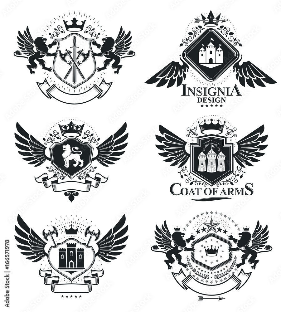 Fototapeta premium Luxury heraldic vectors emblem templates. Vector blazons. Classy high quality symbolic illustrations collection.