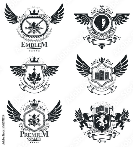 Vintage decorative emblems compositions, heraldic vectors. Classy high quality symbolic illustrations collection, vector set.