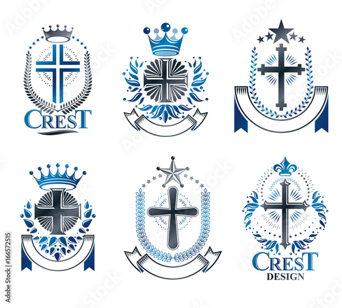 Crosses of Christianity Religion emblems set. Heraldic Coat of Arms decorative logos isolated vector illustrations collection.