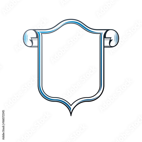 Victorian art vector frame with blank copy space and cartouche, vintage heraldic design. Heraldic template illustration, mirror border, decorative protection shield with rolled-up ends.