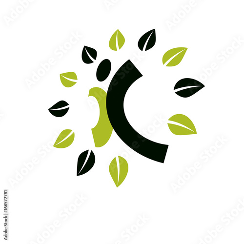 Vector illustration of joyful abstract individual with raised hands up. Go green idea creative logo. Healthy lifestyle metaphor. Vegetarian theme icon.