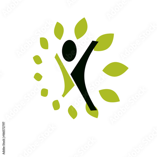 Vector illustration of excited abstract  man with raised reaching up. Go green idea creative logo. Healthy lifestyle metaphor. Vegetarian theme icon.