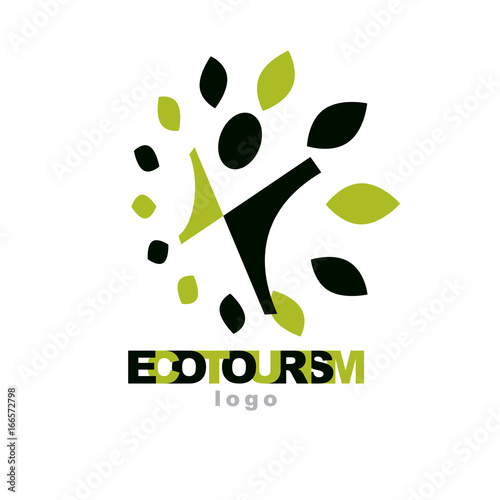 Vector illustration of happy abstract human with reaching up. Ecotourism conceptual logo. Green tourism symbol. Wanderlust and countryside vacation icon.