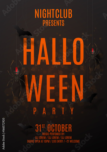 Dark party flyer for halloween. Vector illustration. Festive card with spiders on spider web. Invitation to nightclub with paper bats.