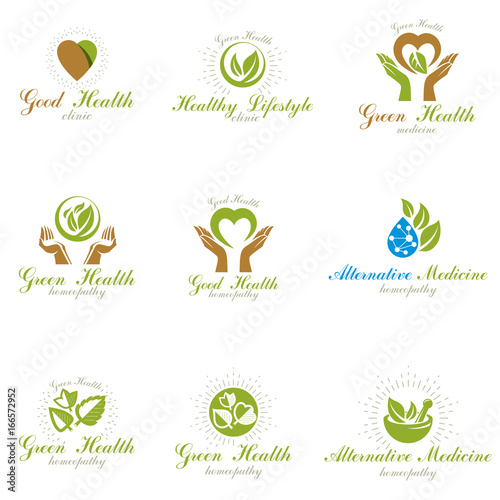 Homeopathy creative symbols collection. Alternative medicine conceptual vector emblems created using green leaves, heart shapes, religious crosses and caring hands.