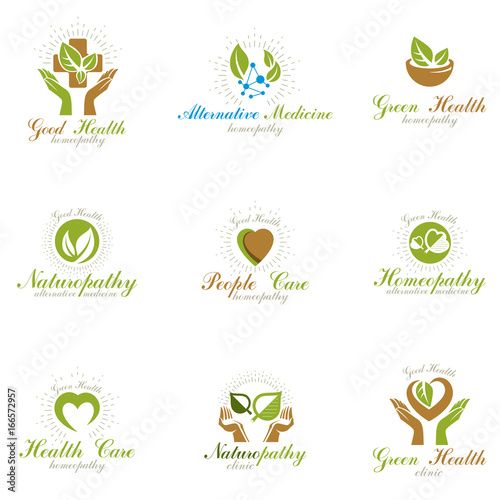 Living in harmony with nature metaphor, set of green health idea logos. Wellness center abstract modern emblems.