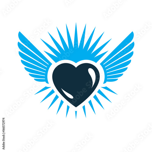Heart vector graphic illustration, love and freedom metaphor symbol. Guardian angel vector abstract emblem.