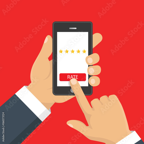 Rating golden stars. Feedback, reputation and quality concept. Hand pointing, finger pointing to five star rating. Customer review concept. Vector