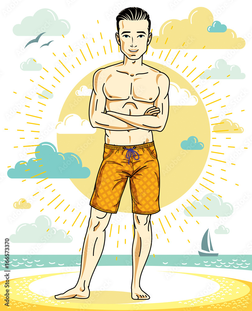 Handsome young man standing on tropical beach in bright shorts. Vector athletic male illustration. Summer vacation lifestyle theme cartoon.