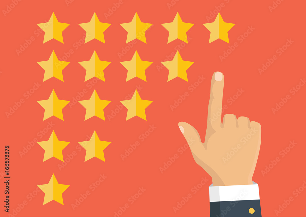 Rating golden stars. Feedback, reputation and quality concept. Hand pointing, finger pointing to five star rating. Customer review concept. Vector Rating golden stars. Feedback, reputation and quality concept. Hand pointing, finger pointing to five star rating. Customer review concept. Vector