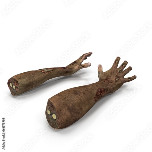 Terrible zombie hands, dirty hands of the mummy, on white. 3D illustration