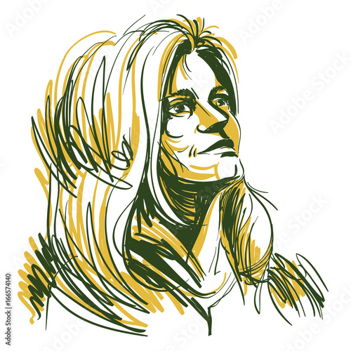 Vector art drawing, portrait of gorgeous romantic girl isolated on white. Facial expressions, people positive emotions.