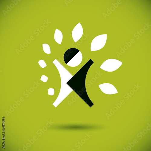 Vector illustration of excited abstract  man with raised reaching up. Go green idea creative logo. Vegetarian theme icon. Wellness and harmony symbol.