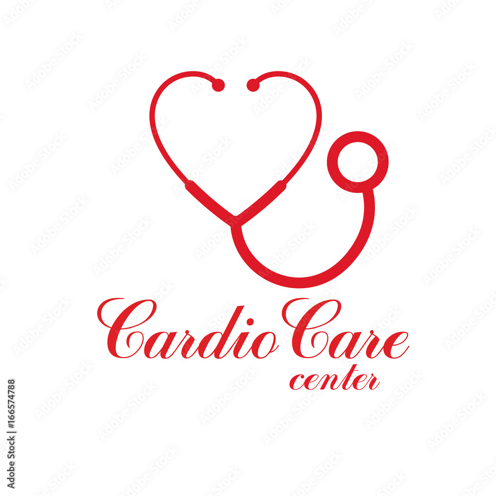 Vector illustration of heart shape with phonendoscope. Cardiovascular system diseases prevention conceptual logo for use in pharmacy.
