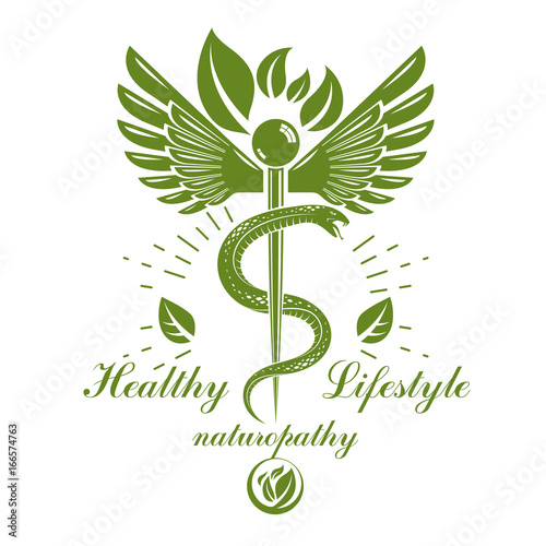 Caduceus logo composed with poisonous snakes and bird wings, healthcare conceptual vector illustration. Alternative medicine theme.