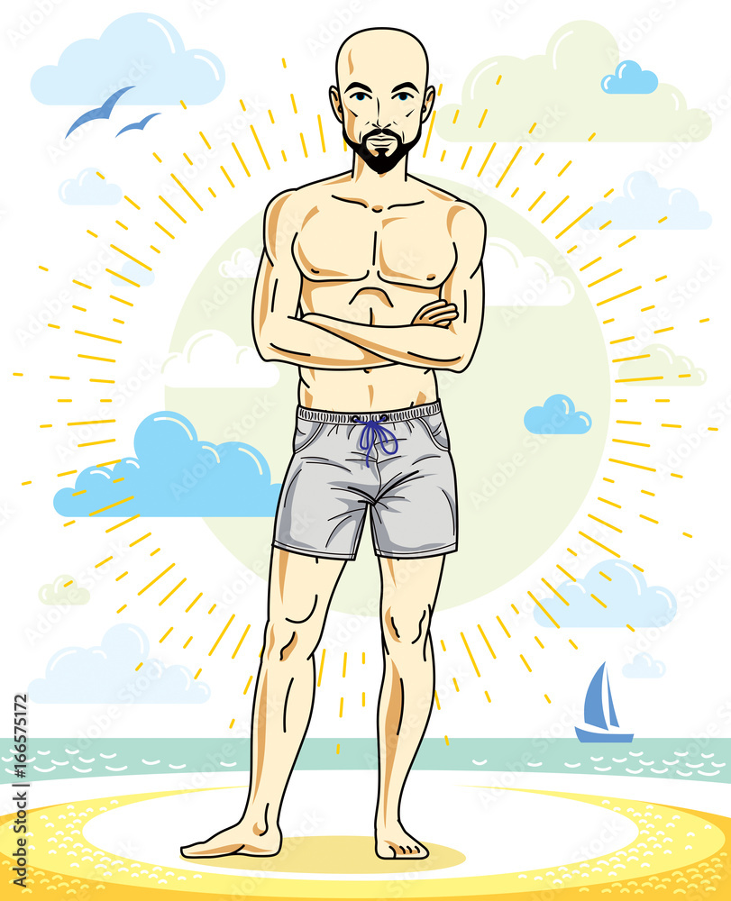 Handsome bald adult man with stylish beard and whiskers standing on tropical beach in bright shorts. Vector nice and sporty man illustration. Summertime theme clipart.
