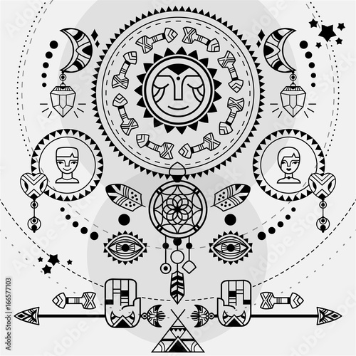 Bohemian poster. Black and white vector boho illustration with sum, dreamcatcher, arrows and moons. 