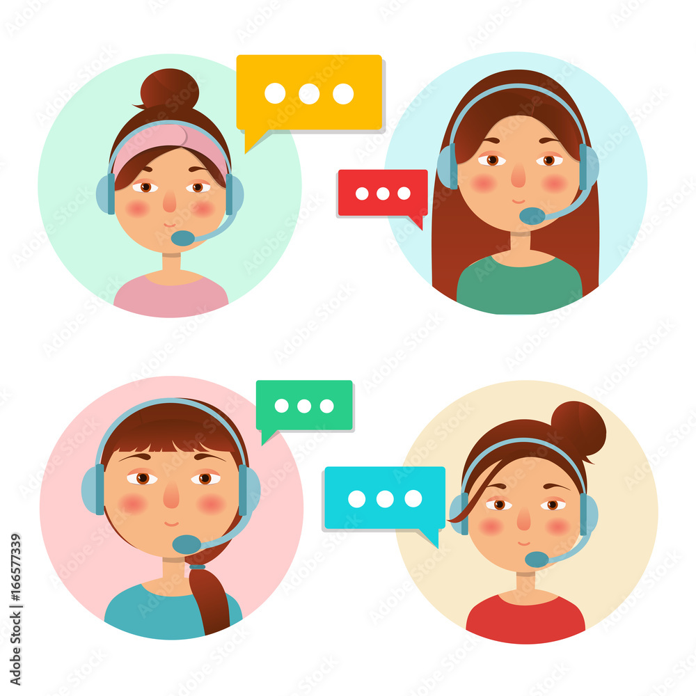 Call center operator icon with headset. Female call center avatar. Client service and communication concept. Vector Call center operator icon with headset. Female call center avatar. Client service and communication concept. Vector