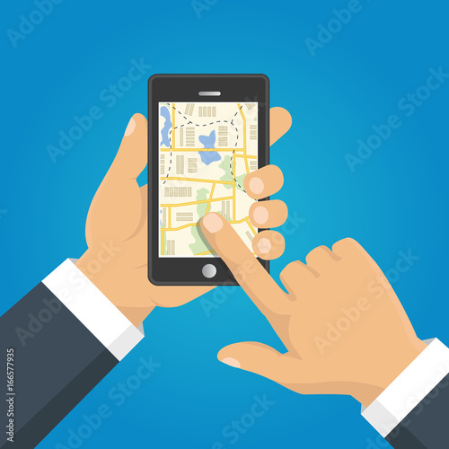 Vector illustration. Map. The concept of navigation, delivery. Hand holding a phone and indicates the location on the map.