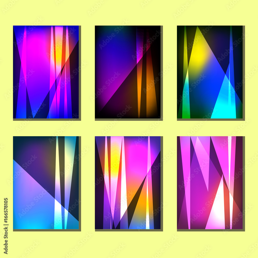A set of six colorful abstract geometric posters, invitations, flyers, leaflets. Neon glowing vector covers