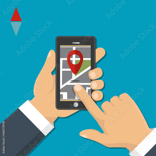 Vector illustration. Map. The concept of navigation, delivery. Hand holding a phone and indicates the location on the map.