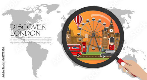 Travel infographic. London infographic tourist sights of Great Britain. England infographic . discover london;World Map with Magnifying Glass,hand holding magnifying glass,Discover england concept.