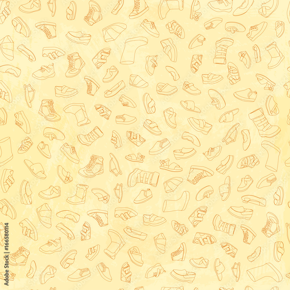 Kids shoes, set, collection of fashion footwear, seamless pattern. Baby, girl, boy, child, childhood. Vector design isolated illustration. Brown outlines, yellow watercolor background.