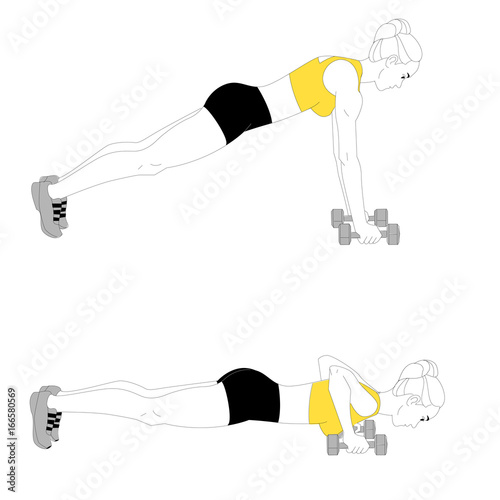 The girl is doing sports exercises with dumbbells isolated on white background. Vector illustration.